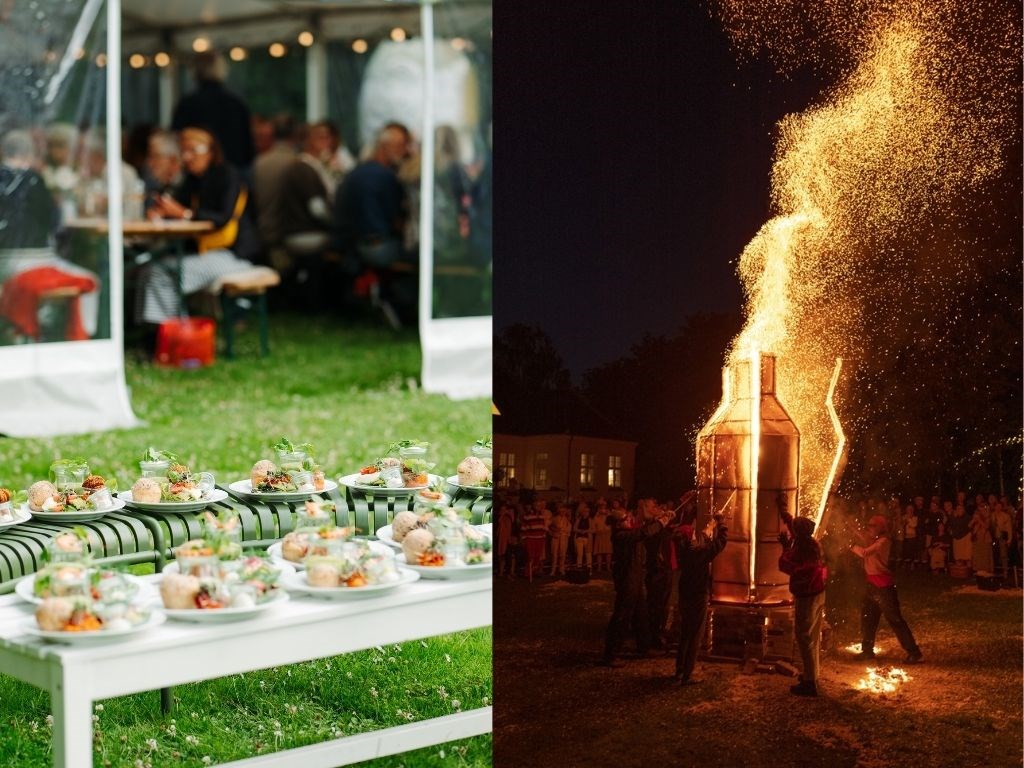 Brændingsskulptur, udstillingsåbning & middag i parken