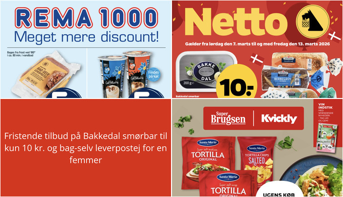 Fristende tilbud på Bakkedal smørbar til kun 10 kr. og bag-selv leverpostej for en femmer