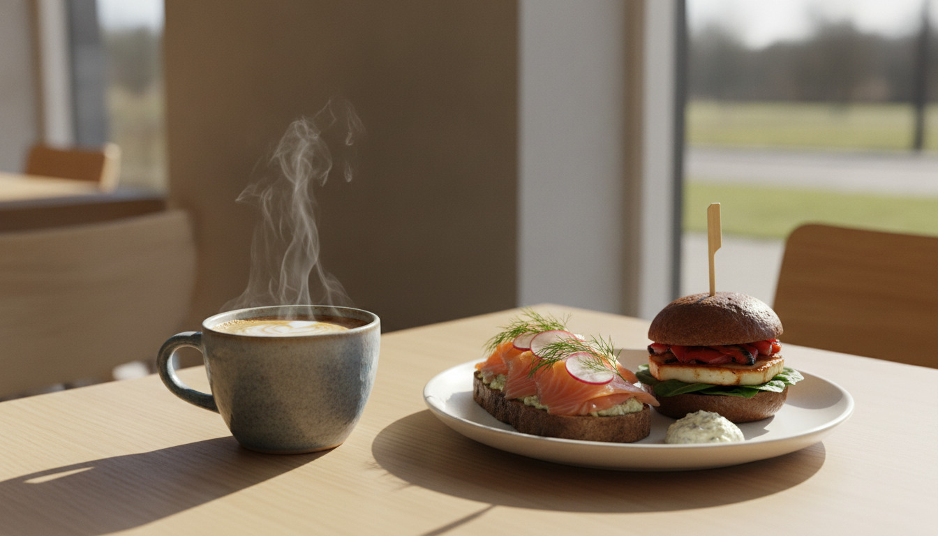 Varmt kaffe i keramikskål og sund madpakke på hvid tallerken ved café bord i nordisk lys.