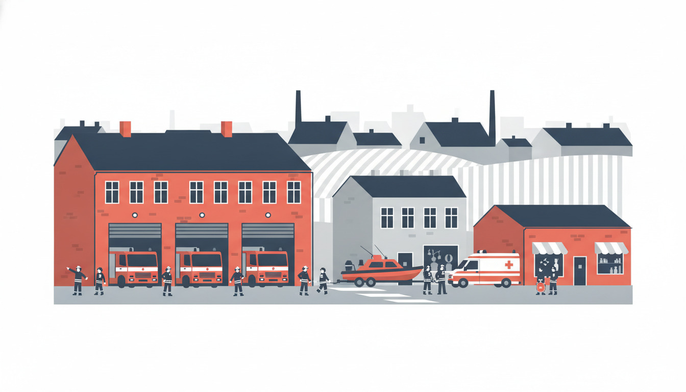 Flad vektorillustration af en dansk brandstation med rødt murarbejde, tre brandbiler parkeret ved garagedøre, nødhjælpere i uniform, ambulance, redningsbåd og bybygninger i baggrunden.