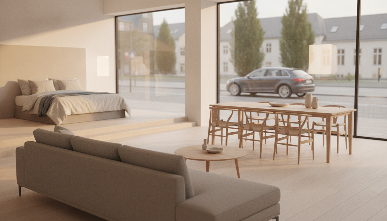 Detalje af moderne møbler i varmt nordisk lys – sofa, bord og tekstiler i minimalistisk indretning.