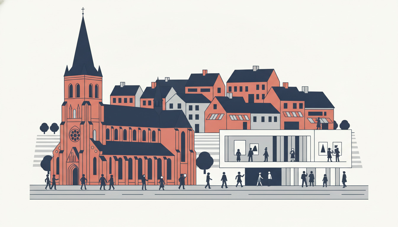 Flad vektor-illustration af Viborgs kulturarv: en rød-klinkeret gotisk domkirke med høj spir dominerer til venstre; moderne hvidt museumsbygning med glaspaneler til højre; traditionelle danske tage bag; silhuetter af mennesker, der udforsker begge seværdigheder.
