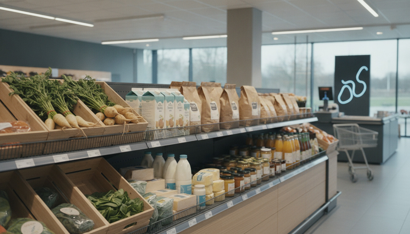 Frugt, grøntsager og dagligvarer på supermarkedshylder i moderne butiksmiljø.