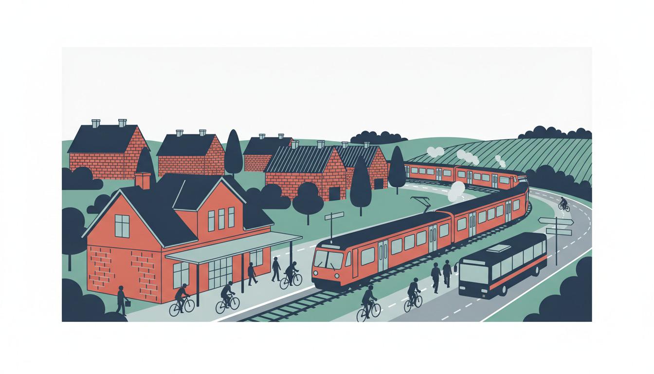 Brædstrup stationens travle transportknutepunkt med regionaltog ved peronerne, cykelstier med cyklister, stationsbygning, lokale busser og boligbebyggelse med røde mursten i grønt landskab.