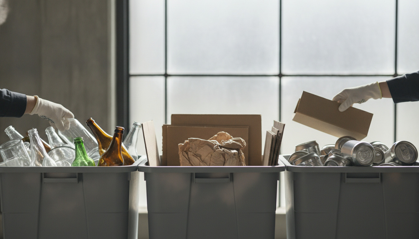 Nærbillede af sortering af genbrugsmaterialer: glasflasker, papkasser og metalkonserves i adskilte beholdere ved vindue med naturligt lys.