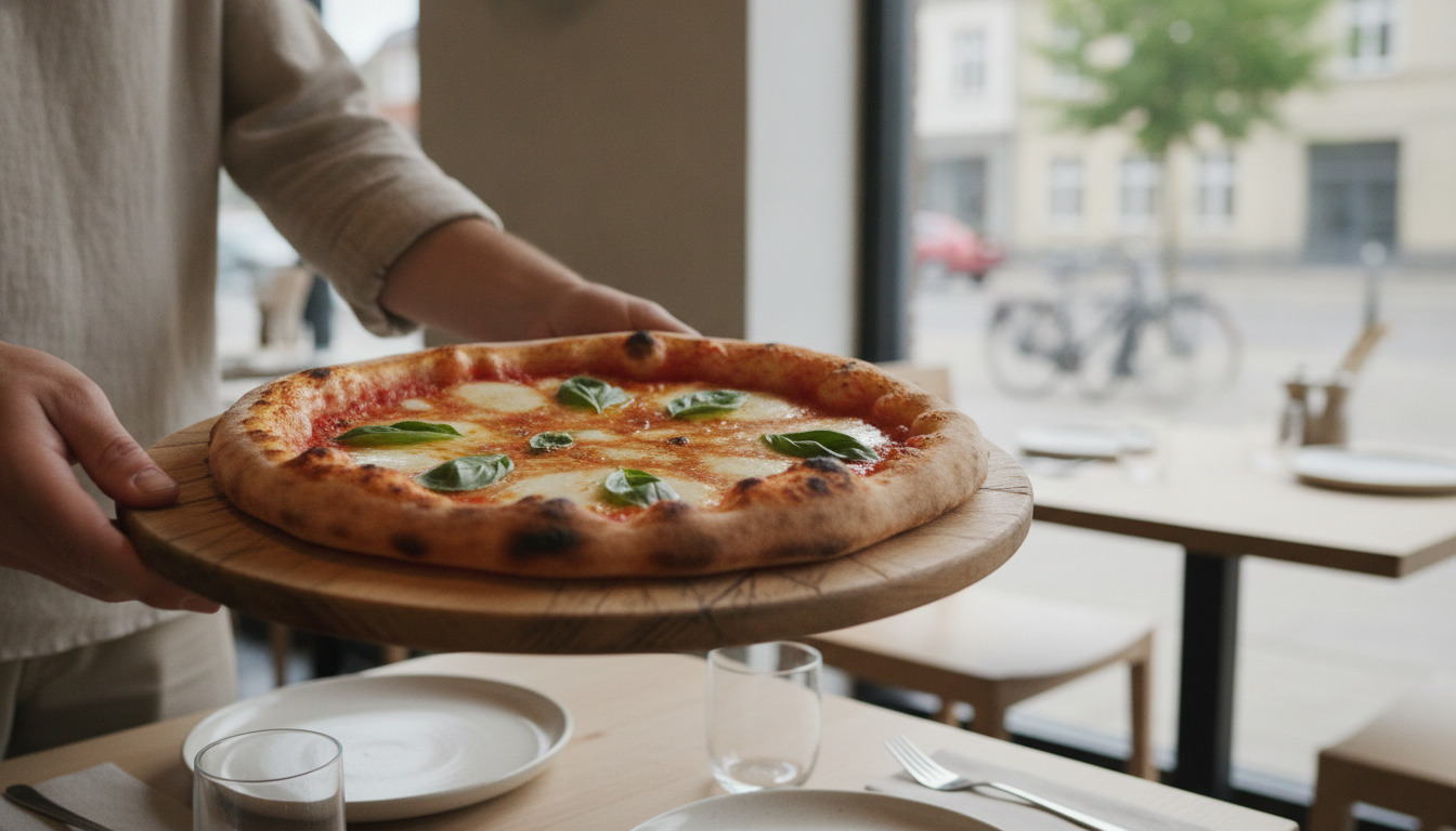 Hånd holder træplade med friskbagt napolitansk pizza med mozzarella og basilikum.