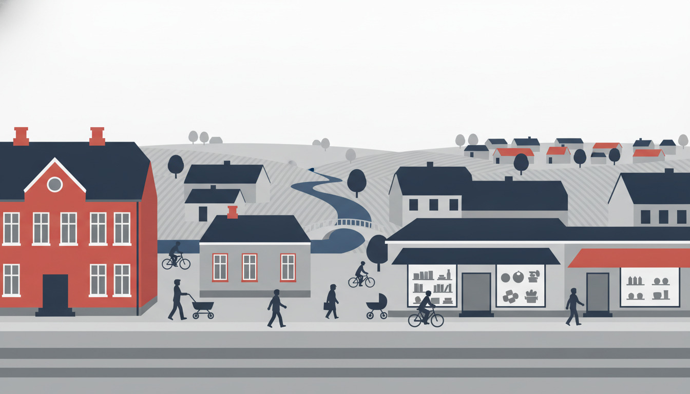 Fladvektorillustration af Allingåbros bymidte med en fremtrædende rød kommunal bygning til venstre, butiksfacader med butiksvinduer i midten, boligstrukturer, cyklende figurer og rulleslandskabet i Djursland med spredte gårde i baggrunden.