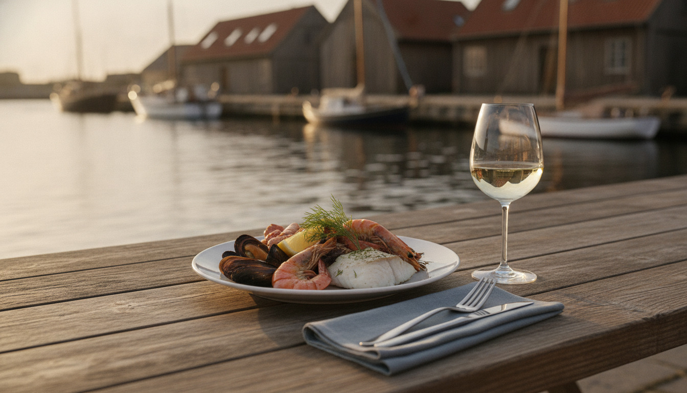 Tæt på spisebord ved vand med hvidvinsglas, frisk fisk- og skaldyrret på hvid tallerken og bestik på grå servietter.