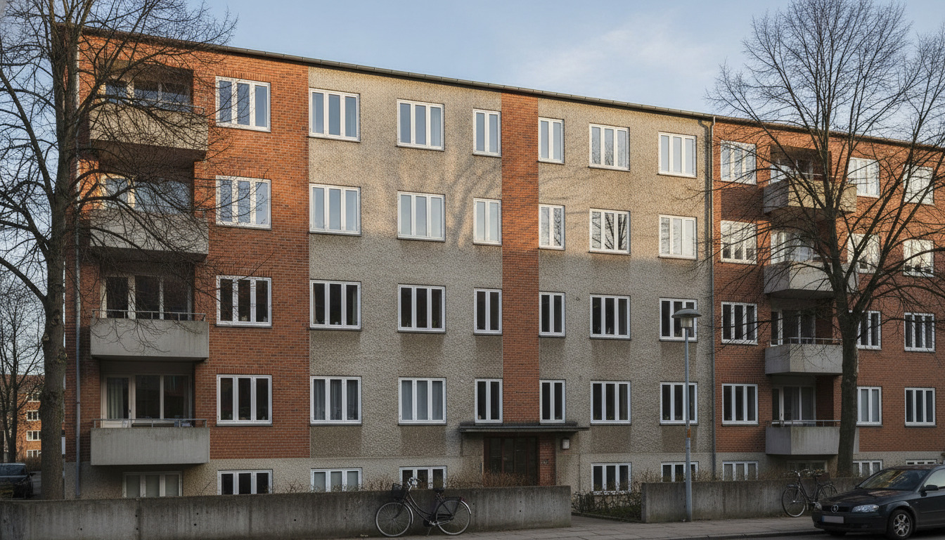 Nærbillede af rødt teglsten og beige puds på modernistisk boligfacade med vinduersrude og skygger.