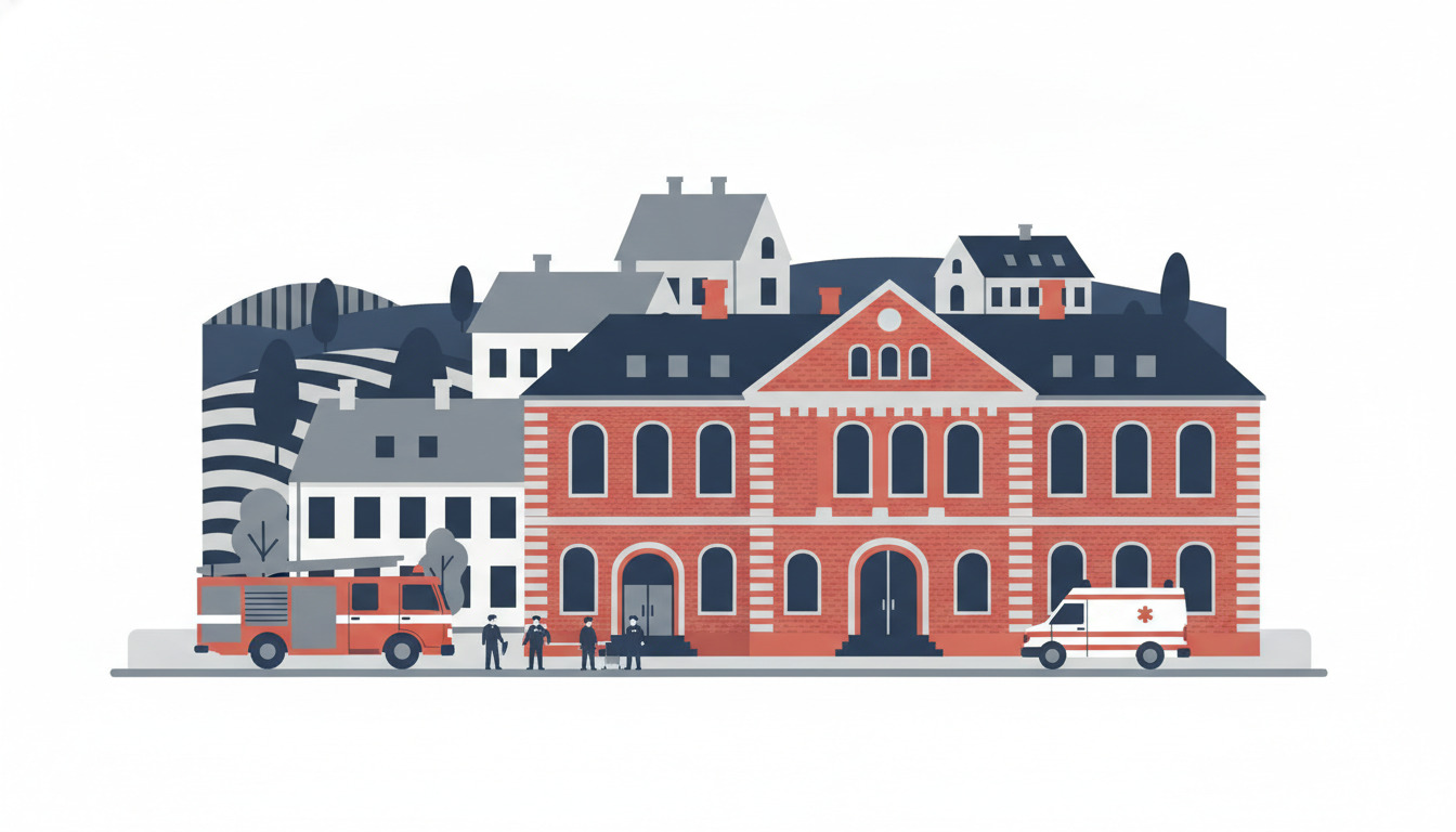 Fladt vektorillustration af Maribos rødt murstensraadhus med hvid stendetaljer, flankeret af en brandsluse og en ambulance, der afbilleder det civile nødtjeneste-koordinationscenter.