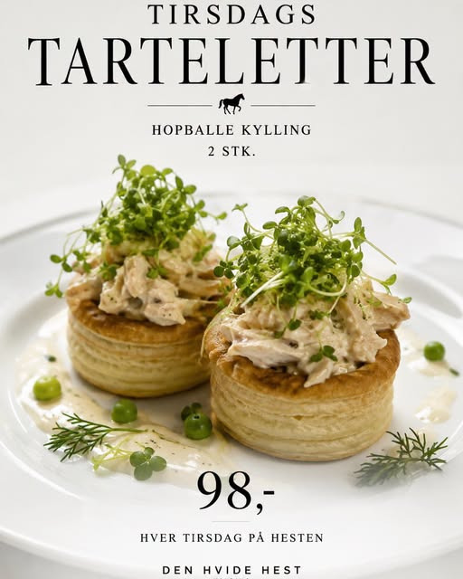Den Hvide Hest Kolding serverer tirsdags-tarteletter med Hopballe-kylling for 98 kr.