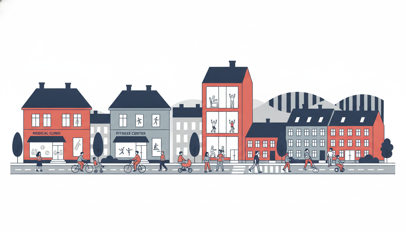 Flad vektorillustration af et dansk velværedistrikt med en medicinsk klinik, fitnesscenter og plejehjemslignende bygning langs en fodgængersti, med røde og grå bygninger hvor beboere går, cykler og nyder udeliv.