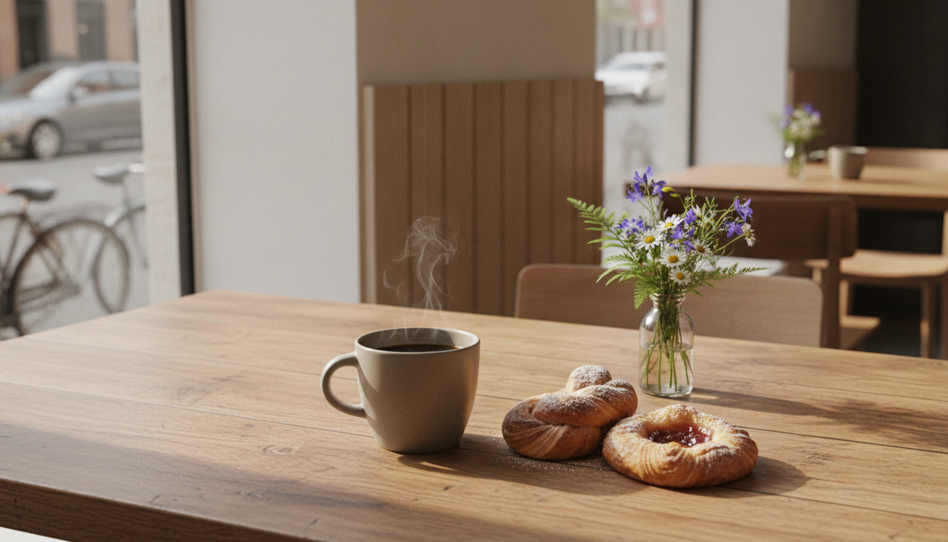 Nær på en trækaffebord med keramikmorgen, friske bagværk og blomster i glas ved naturligt dagslys.