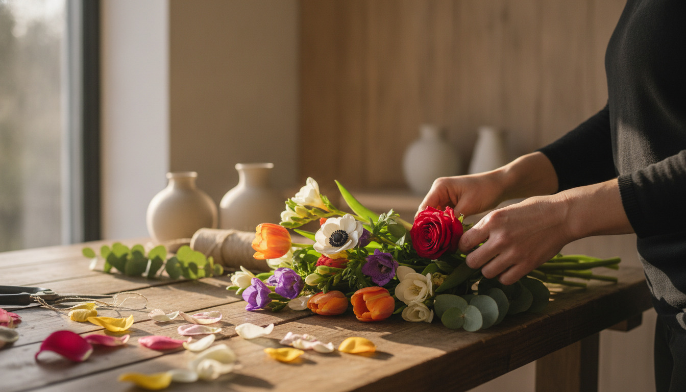 Blomsterbinderens hænder arrangerer farverig blomsterbuket med roser og tulipaner på træbord med naturligt lys.