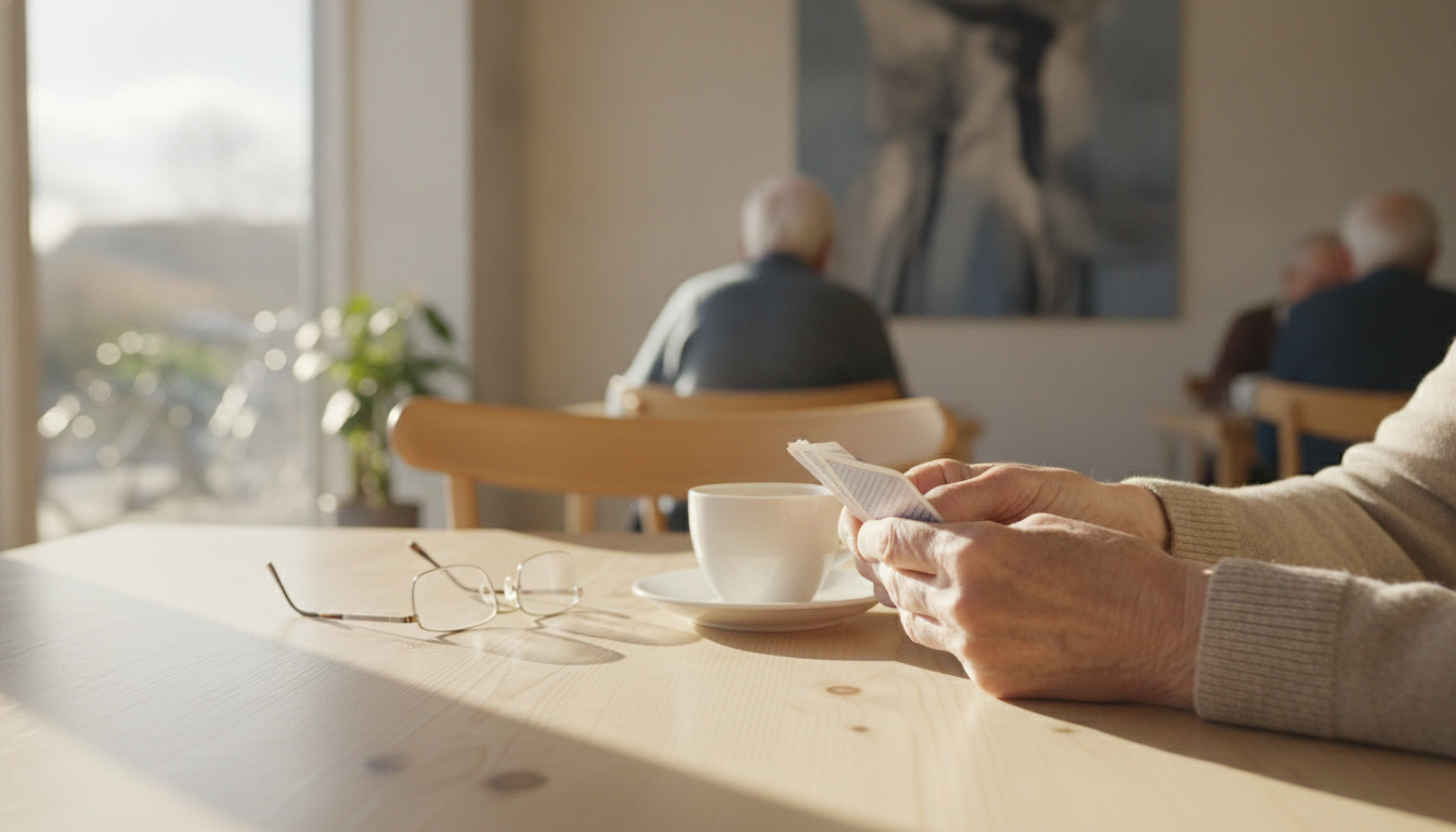 Ældre hænder holder spillekort ved træbord med kaffekop og briller i varmt nordisk lys.