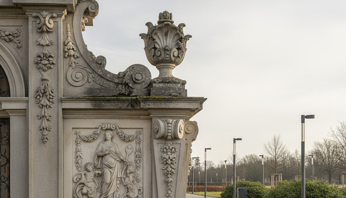Detaljeret stenkarveri med barokke ornamenter og slidte kalkstensflader i blidt nordisk lys.