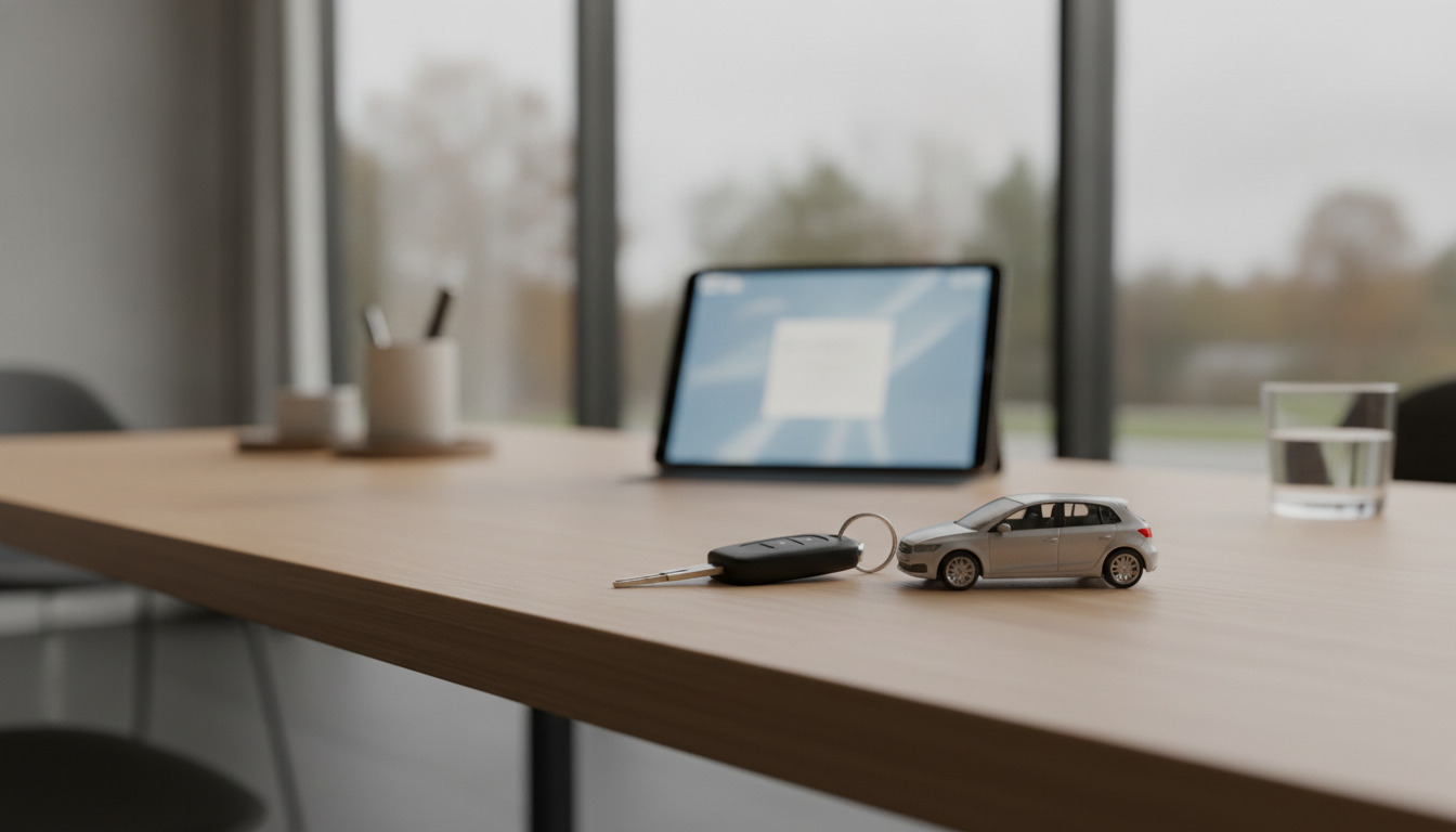 Automodel og bilnøgle på træbord med tablet i uskarp baggrund.