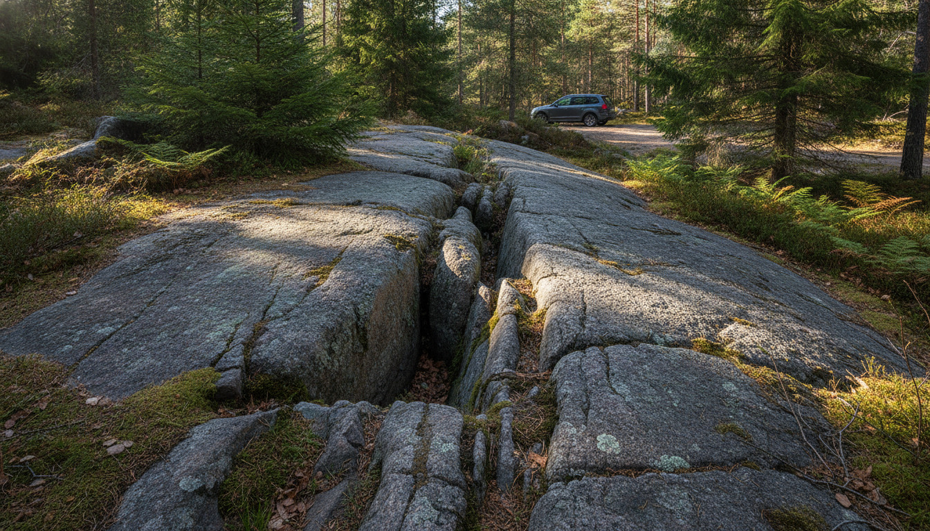 Nærbillede af forvitringsprocesser på granitsten med revner, mosmter og lav i nordisk naturmiljø.