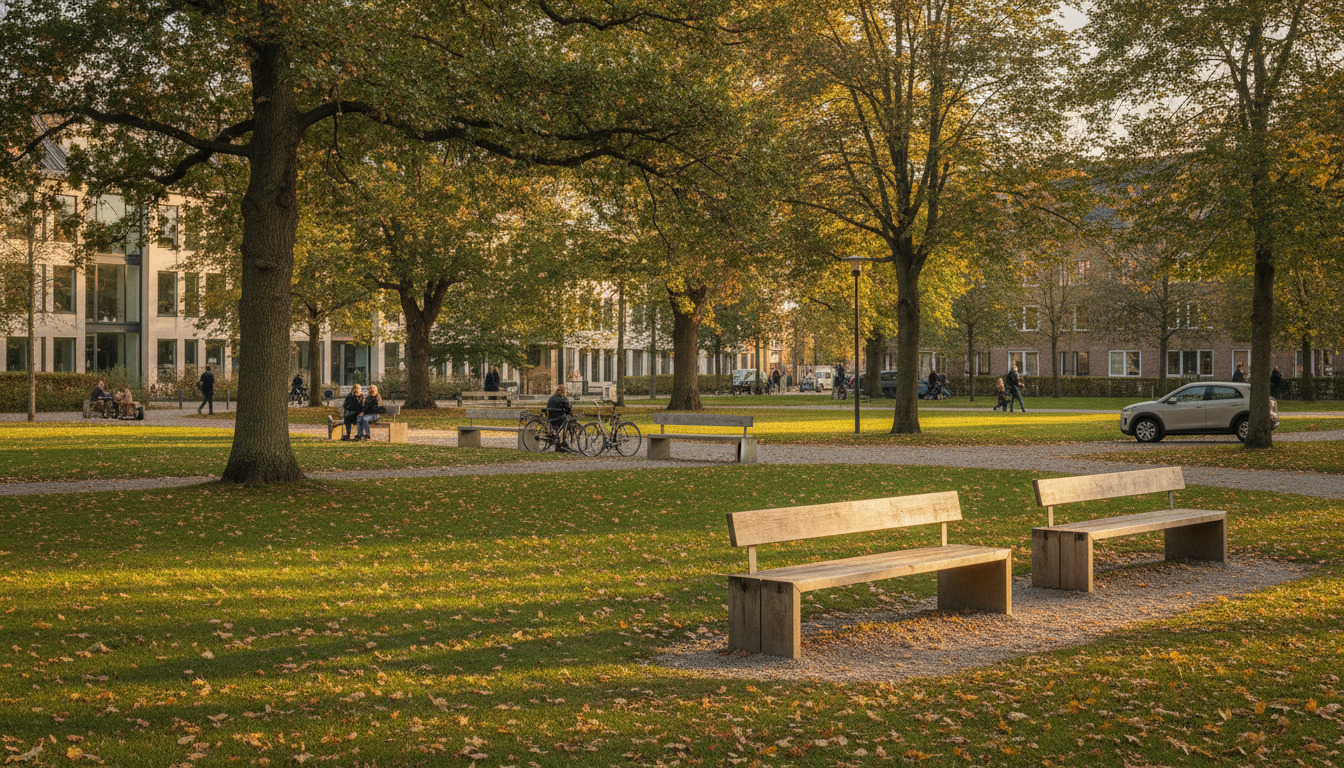 Træer og løv på græsplæne med træbænke i efterårssol, skumt parkscene uden specifik identitet.