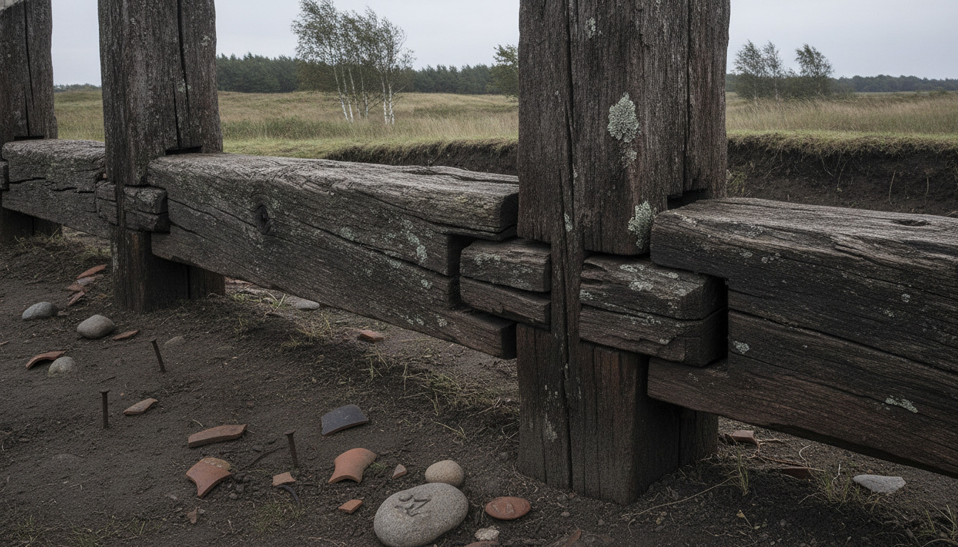 Nærbillede af gamle træpæle og jordgenstande fra vikingetid, fotograferet i nordisk dagslys.