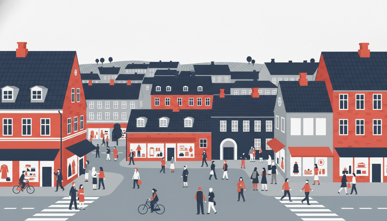 Levende Randers byplads med dansk arkitektur, røde mursten og pastellfarvede facader, karakteristiske mørkt flislagte tage, mangfoldige fodgængere og cyklister, butiksfacader og livlig samfundsaktivitet.