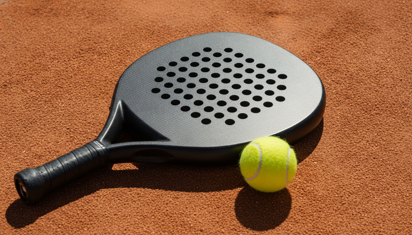 Padel racket med bold på rødt lerkort, tæt optagelse af sportsudstyret med skarpe skygger.