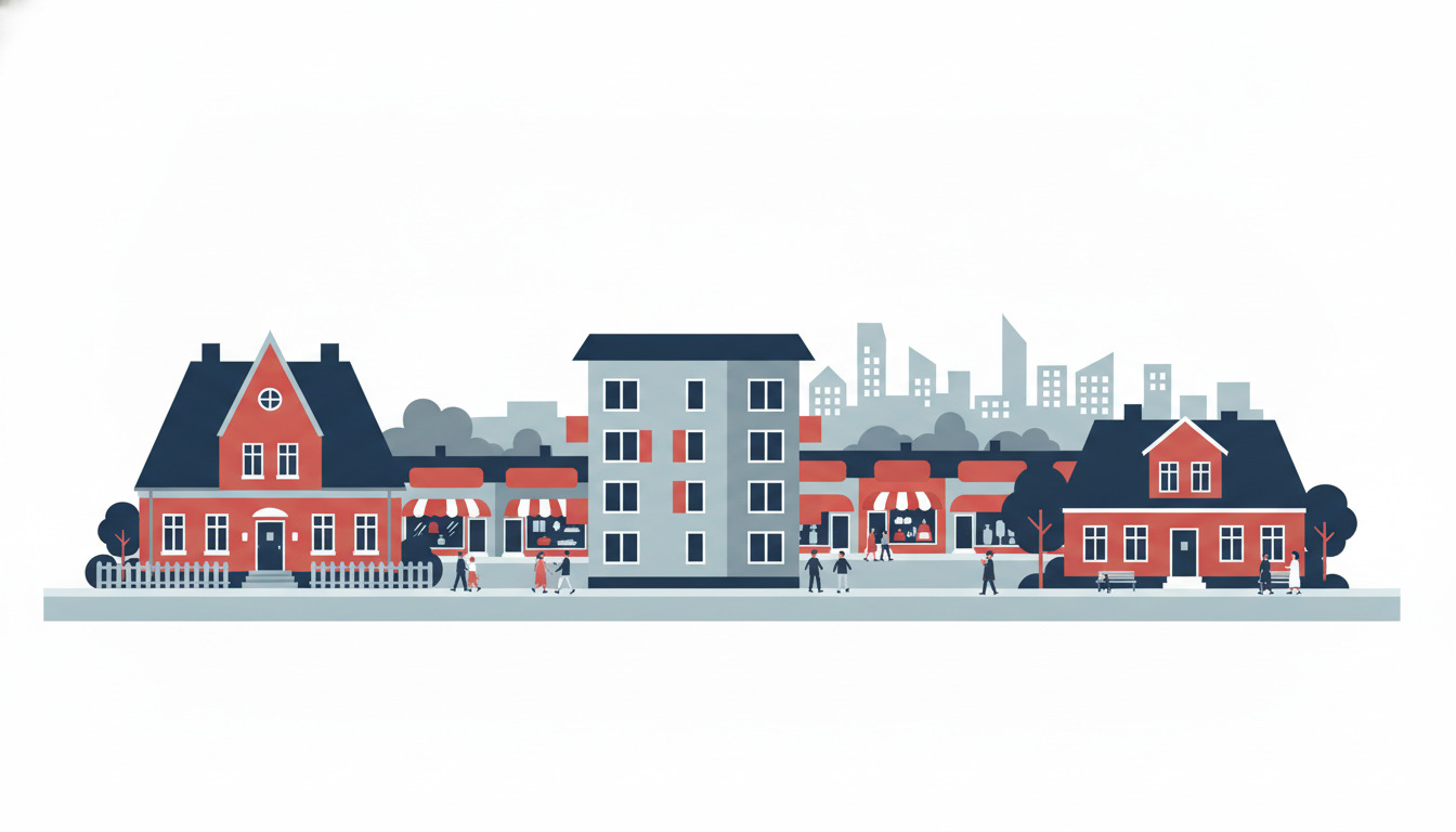 Flad vektorillustration af et beboelsekvarter i Randers med røde villaer fra 1930'erne-40'erne med spidstage, moderne grå lejlighedskomplekser, butikker med markiser, træbeplantede gader og byskylinen i baggrunden.