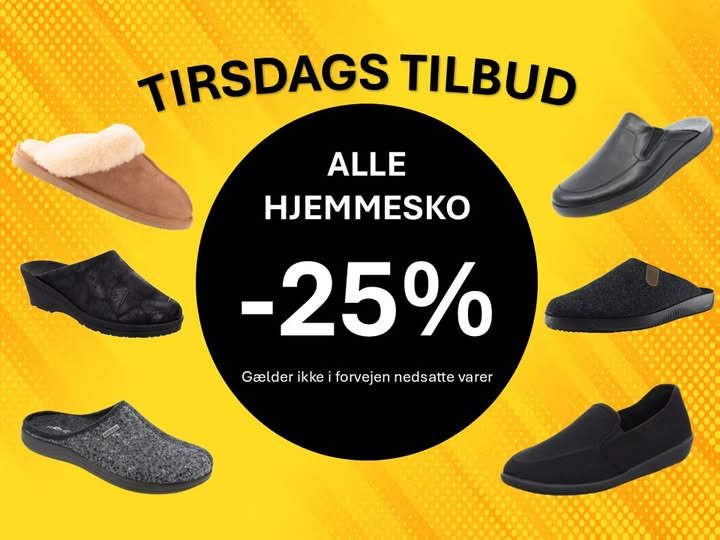 DK Shoes Brønderslev ApS tilbyder 25% rabat på hjemmesko tirsdag