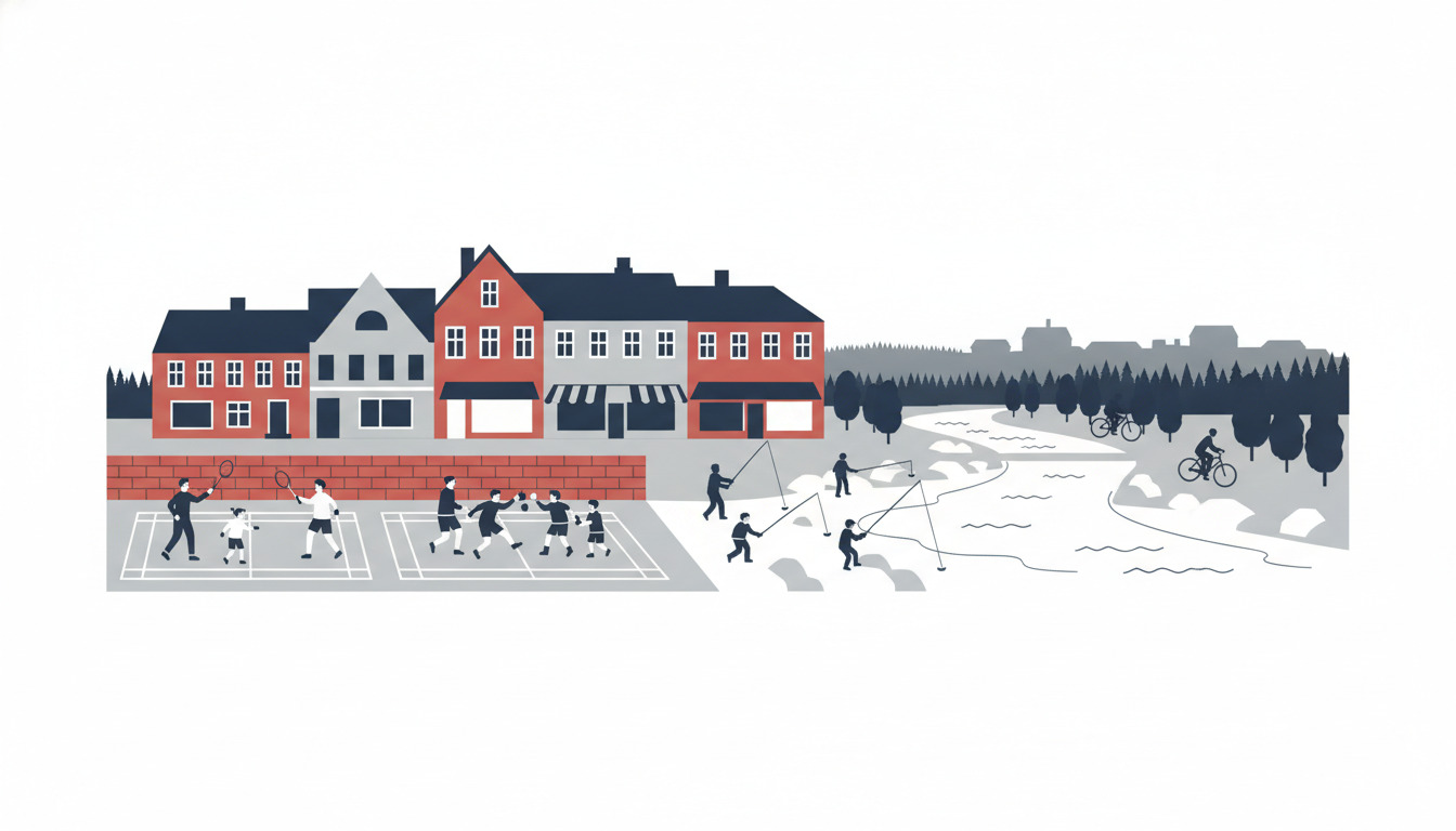 Livlig udendørssportscene med børn, der spiller håndbold og badminton på baner, cykelryttere, der cykler langs en flodsti, mennesker, der fisker, og skovrigt landskab i baggrunden – der fanger Langås levende fritidskultur.