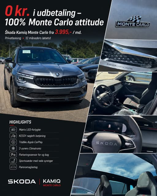 Autocentralen Viborg tilbyder ny Škoda Kamiq Monte Carlo med 0 kr. i udbetaling