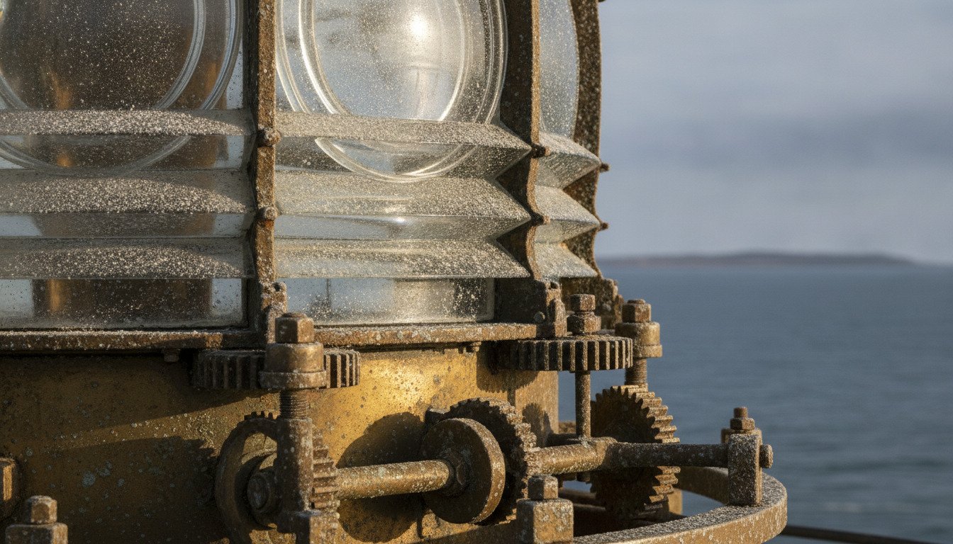 Detaljeret close-up af rustne messingmekanismer og slidt linseglas med saltskorpe.