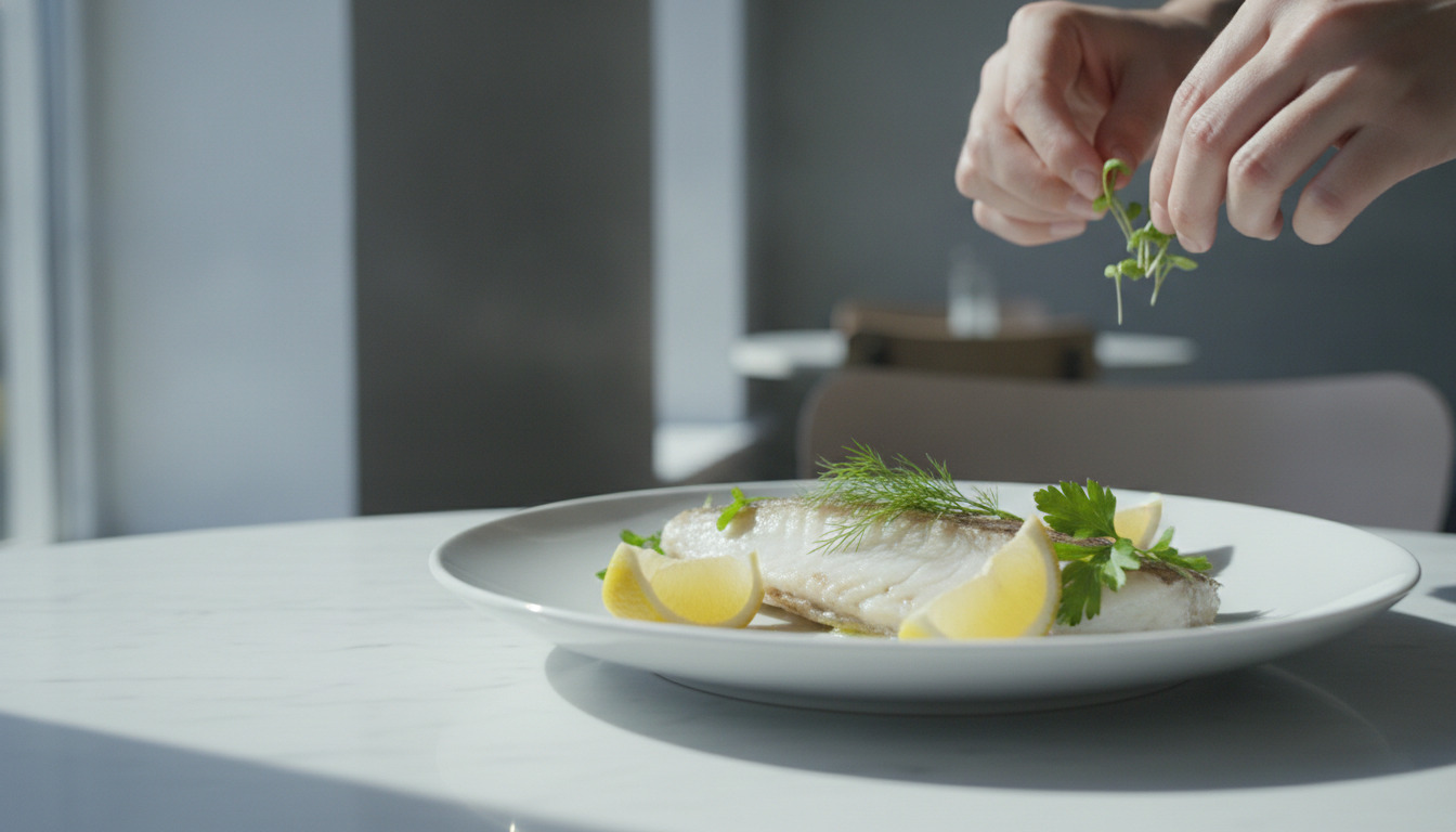 Hænder garnerer frisk fisk på hvid tallerken med citron og urter i tæt opklip.