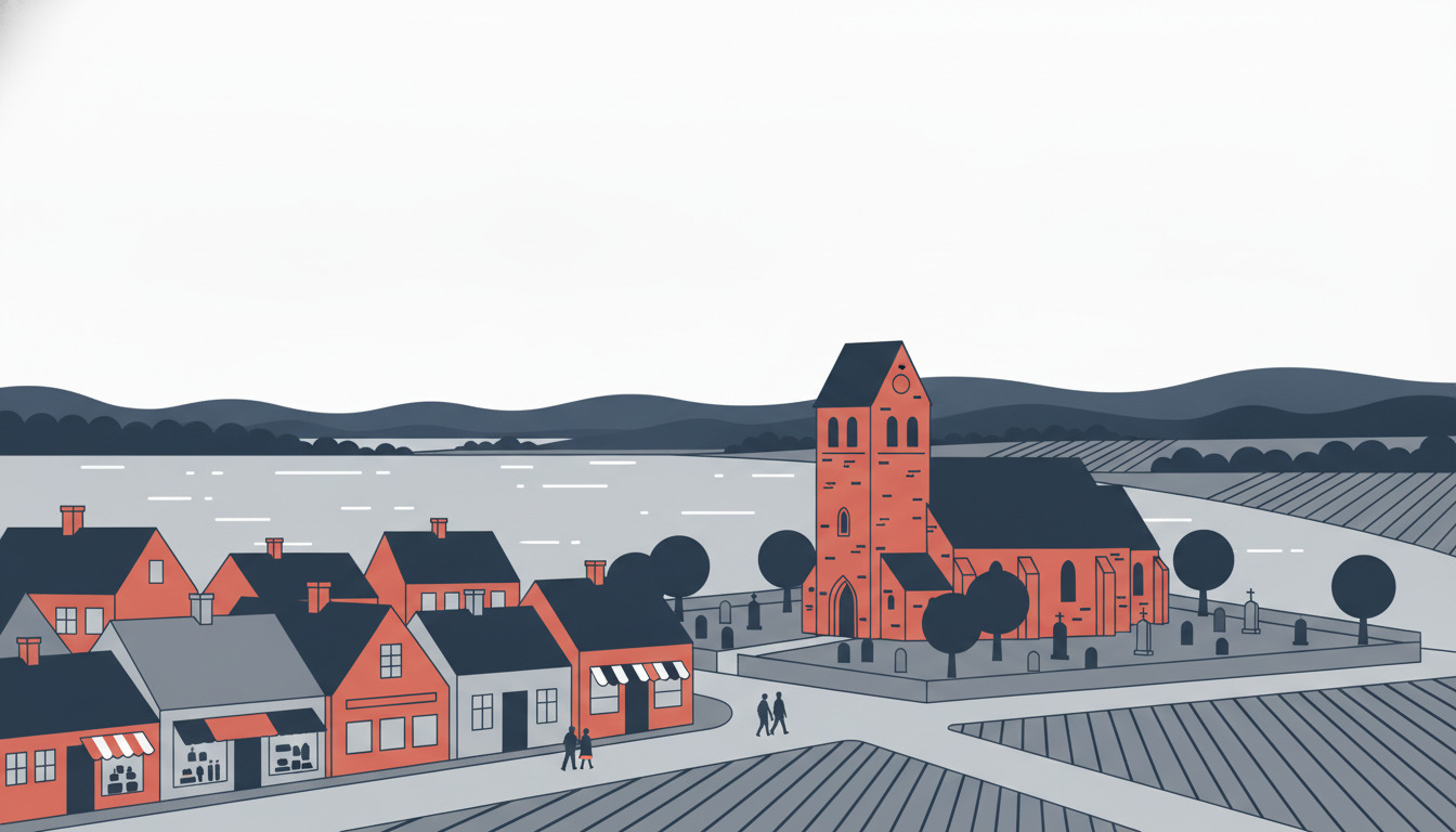Fladvektor-illustration af kystbyen Lemvig med en fremtredende rødrsten-kirke med et højt klokketårn og buede vinduer, omgivet af en kirkegård med gravstene og træer, med udsigt til Limfjorden.