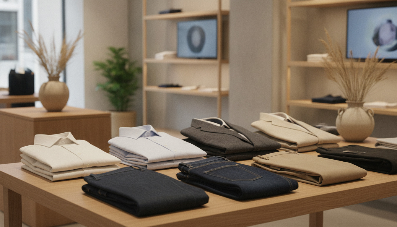 Neatly folded herreklæder på træbord — hvide skjorter, mørkt stof og jeans i varme nordiske nuancer.