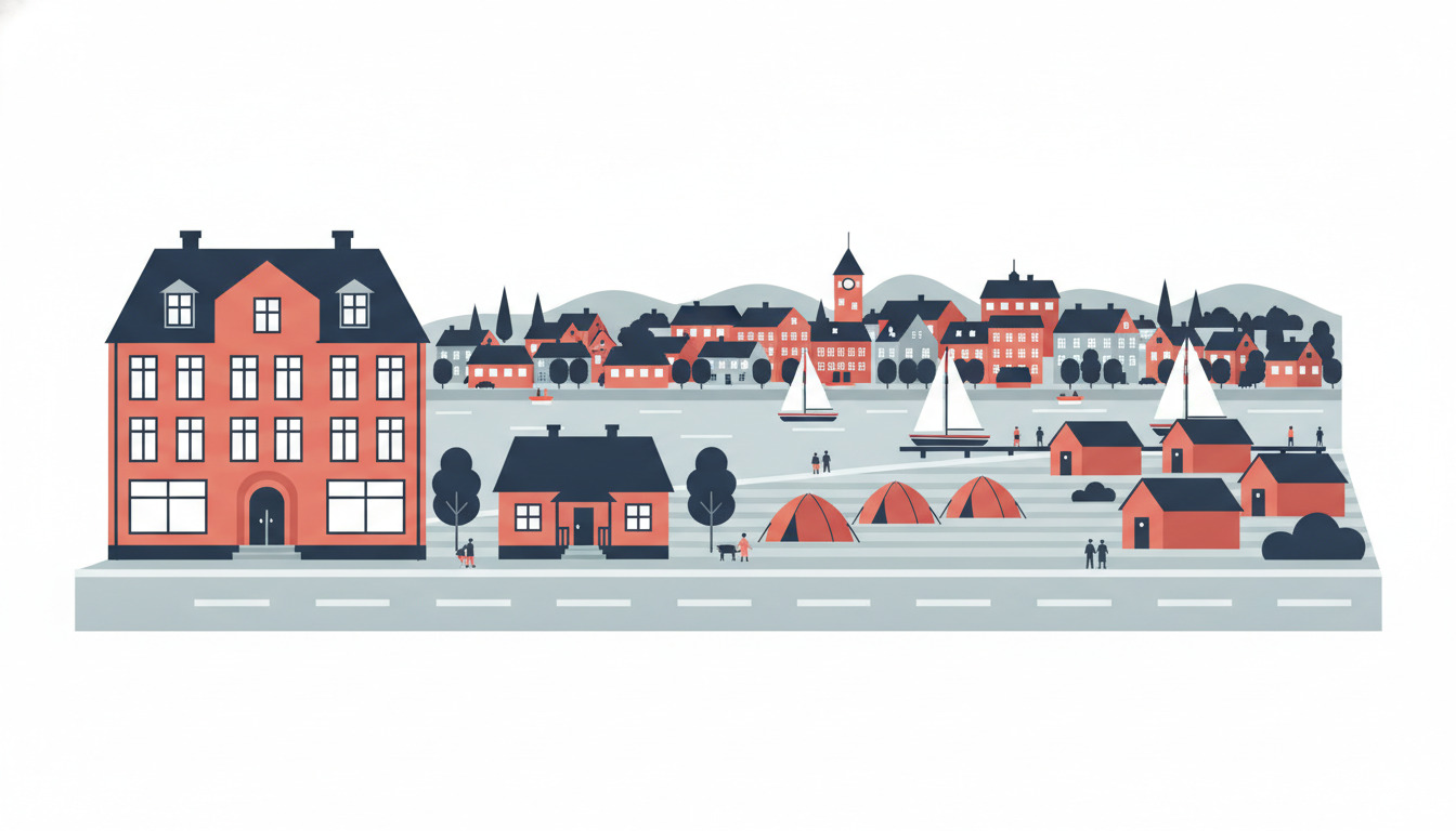 Bogense havn med overnattelsesfaciliteter: rød murstenshotel, hytte, campingtelte, feriehytter, sejlbåde og strandpromenade i fladt vektorstil.