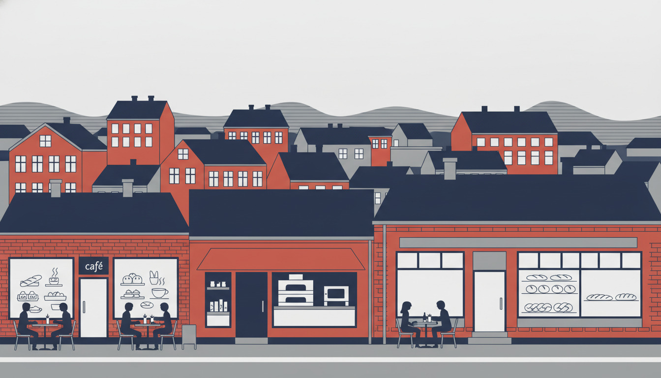 En livlig dansk bygatescene fra Skjern med cafeer, restauranter og take-away-butikker. Røde og mørkeblå facader med synlige vinduer, mennesker der nyder måltider udenfor, og byhuse i baggrunden.
