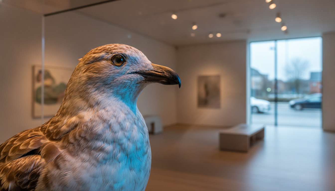 Detaljeret nærbillede af præpareret fugls hoved med varm og kølig belysning, der fremhæver fjerfine og glasøje.