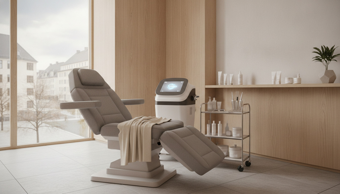 Et minimalistisk behandlingsrum med beige møbler, hudplejeprodukter og medicinsk udstyr på en stålvogn.