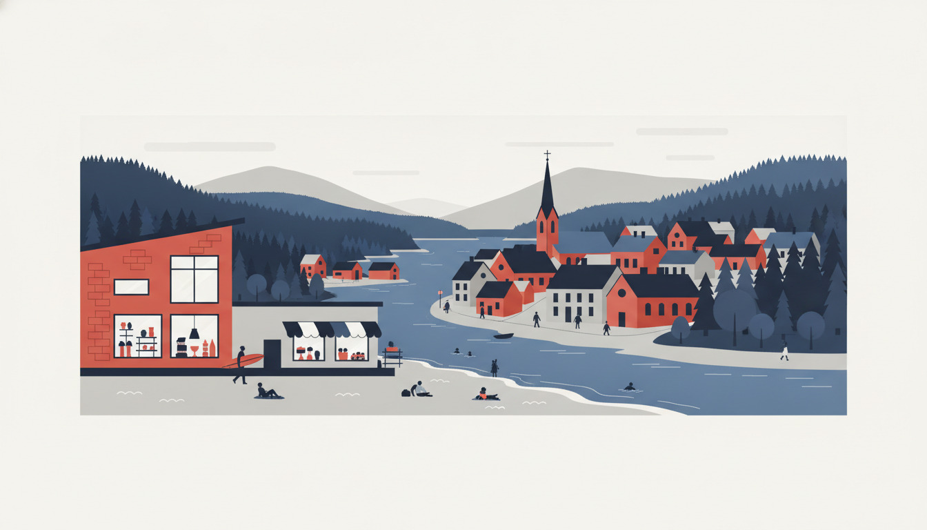 Stiliseret landskab af Haderslev med fjord, skovklædte bakker, sandstrand i forgrunden og lille by med rødt murstenshus og kirkespir ved vandet.