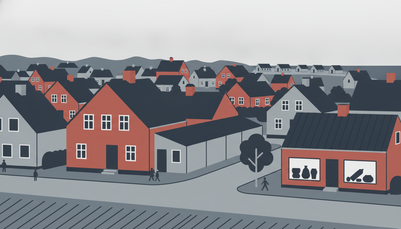 Charmerende dansk boligstrasse med røde og hvide parcelhuse, spidsede tage og mørke tegl langs en træskygget vej, med kystnby-bygninger i baggrunden.