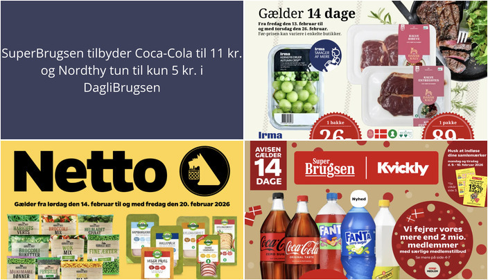 SuperBrugsen tilbyder Coca-Cola til 11 kr. og Nordthy tun til kun 5 kr. i DagliBrugsen
