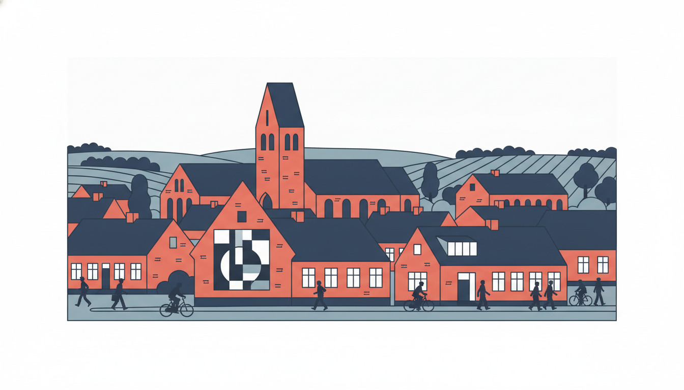 Illustration af Brande i Midtjylland med et gavlmaleri på en husgavl, byens kirke med tårn og røde murstenshuse i hedelandskabet.