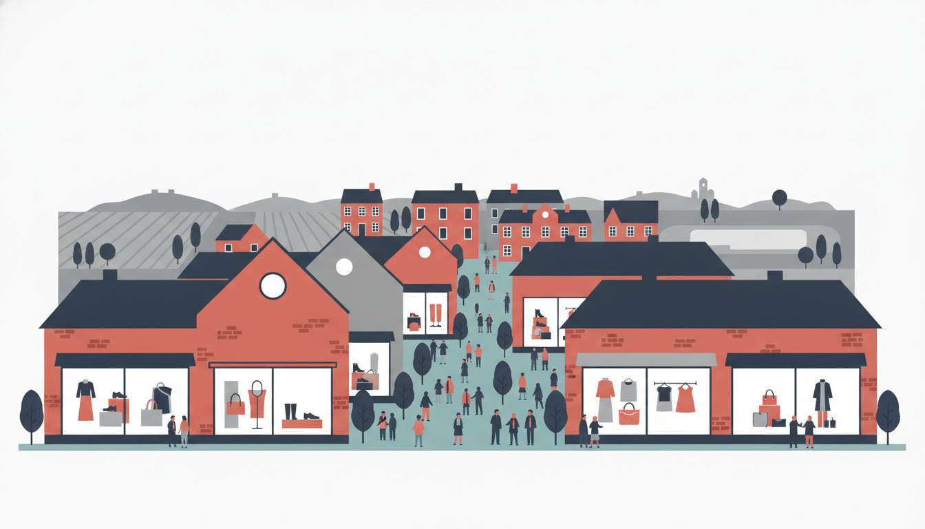 Levende flat-vector illustration af Ringsted Outlet indkøbsdistrikt med røde mursten-butiksfacader, store udlagsvinduer der viser tøj og tilbehør, kunder der browser på den fodgænger-plaza, og dansk landsdelskuller i den bløde baggrund.