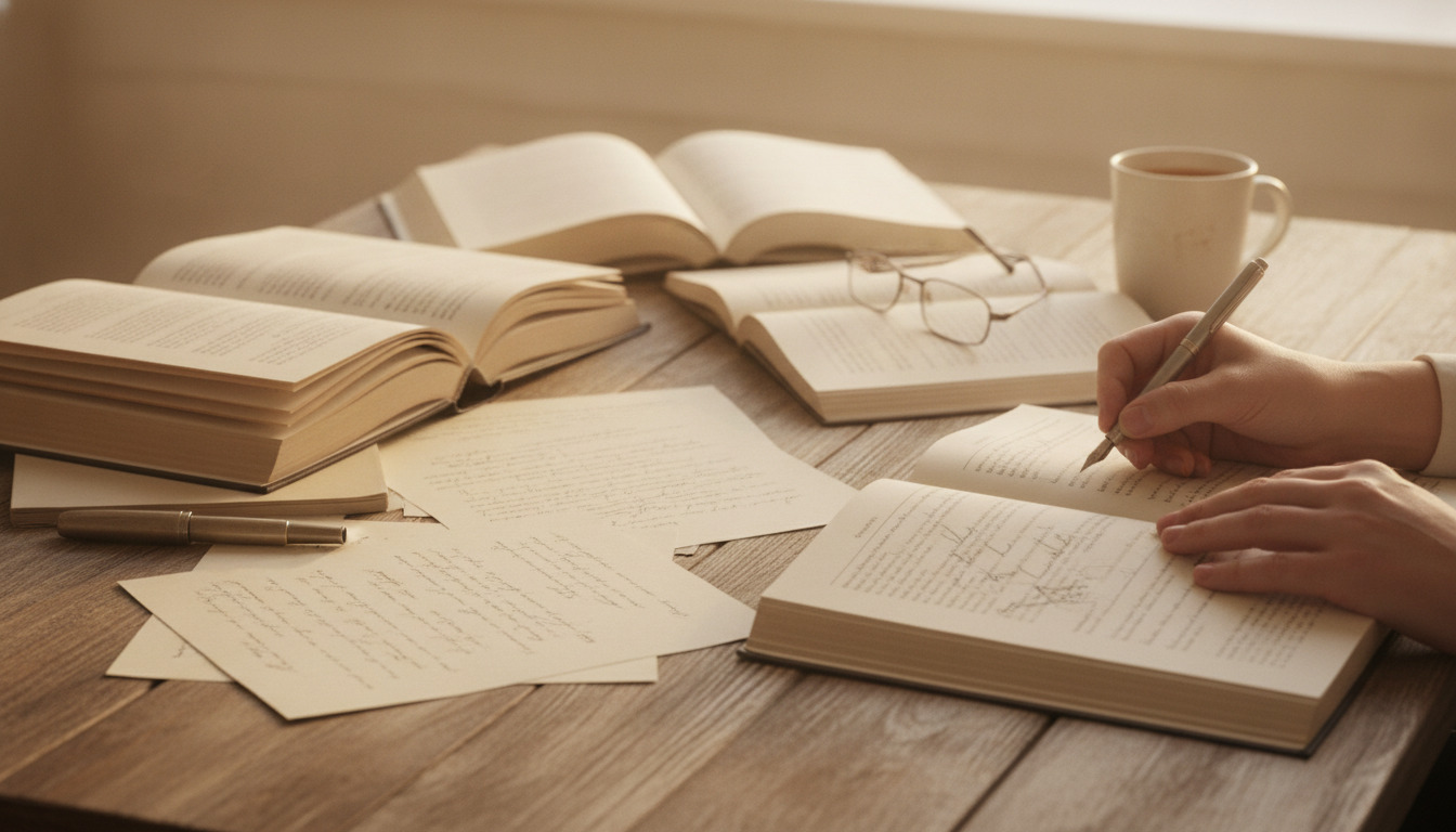 Åbne bøger, notesbog og kaffekop på træbord med hånd, der skriver. Varmt, inspirerende studiemiljø.