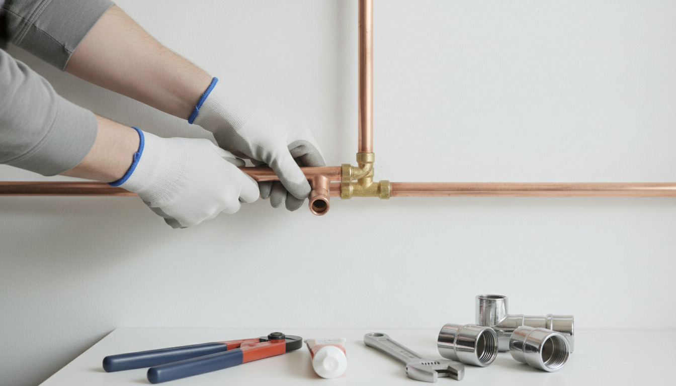 Håndværkerens hænder arbejder med kobberrør og messingfittings på hvid væg med professionelt værktøj og forbindelser i forgrunden.