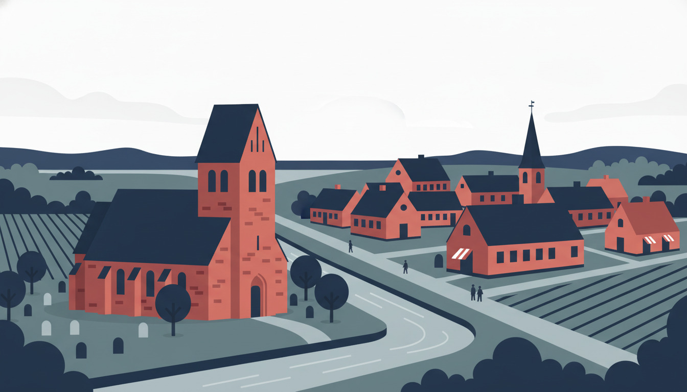 Flad vektorillustration af en dansk middelalderlig kirke med rød murstensfront og klokkestabel, omgivet af kirkegårdssten og træer, med landsbyhuske og landsdelslandskab i baggrunden.