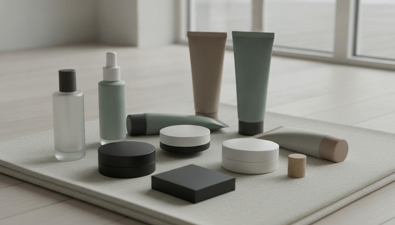 Minimalistisk arrangement af kosmetik- og pleje-produkter på hvid flade – flasker, cremer og tuber i neutrale farver.
