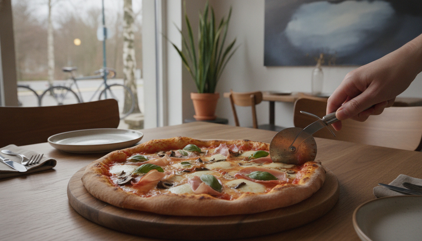 Hånd skærer i friskbagt pizza på træplade med ost, tomat og friske toppings.