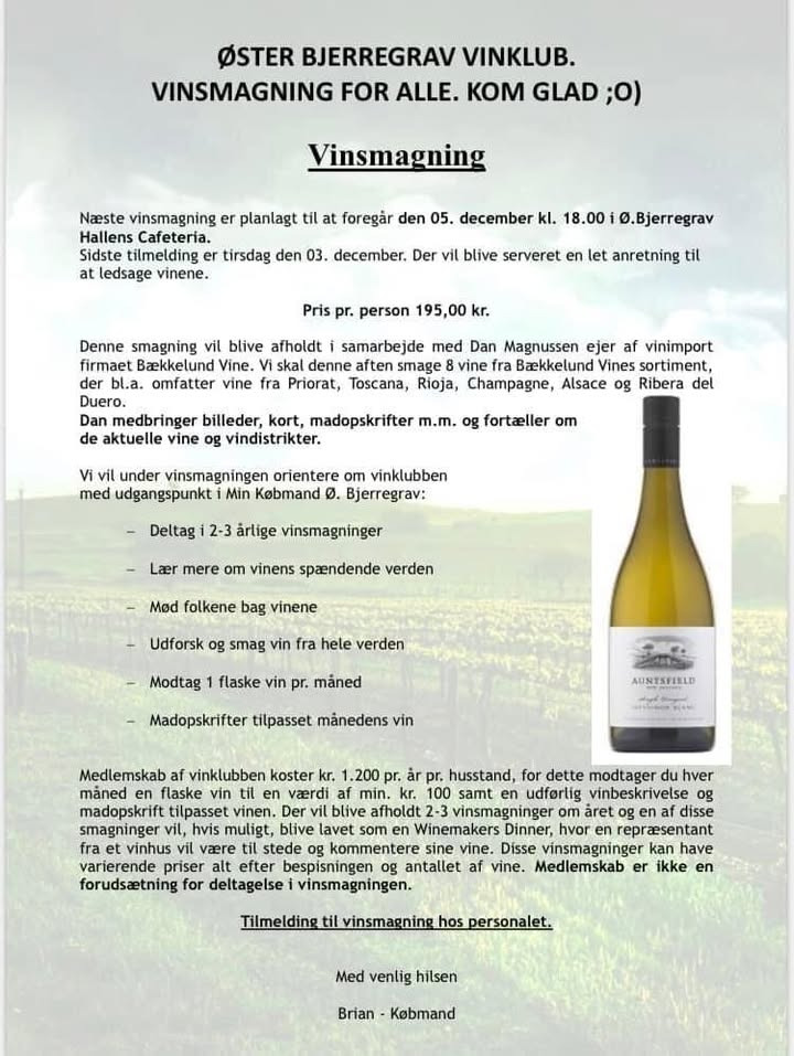 Vinsmagning i Øster Bjerregrav Hallen: Oplev 8 vine og let anretning med Min Købmand Øster Bjerregrav