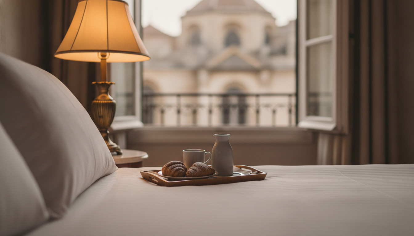 Varm closeup af hotelværelse med antik lampe, hvidt linned og bakke med bagerier på sengen.